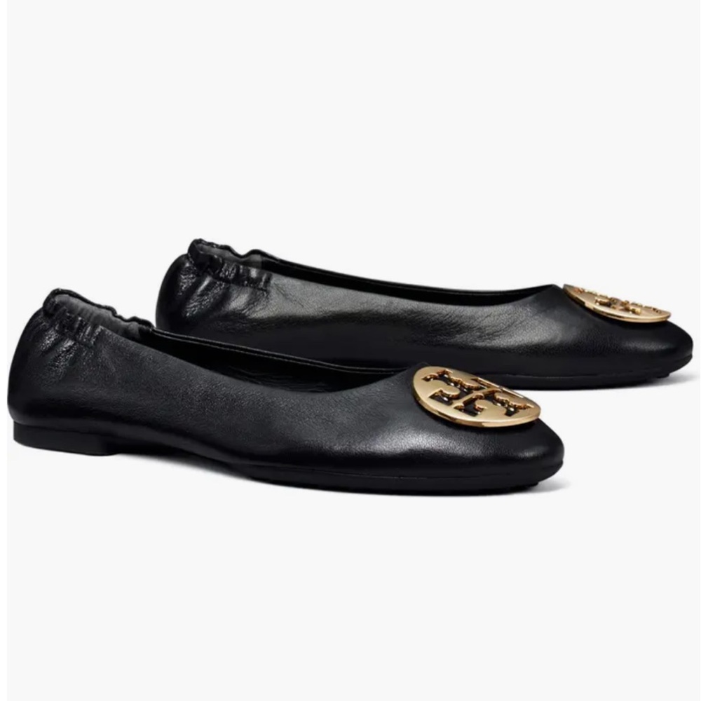 Tory Burch Claire Leather Ballet Ballerina Flats in Black Gold Hardware NWOB